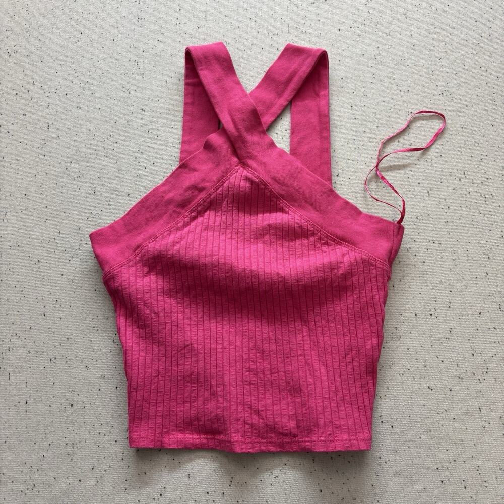 ZARA Hot Pink Criss Cross Halter Neck Crop Top Ribbed Knit Tank Small S Barbie